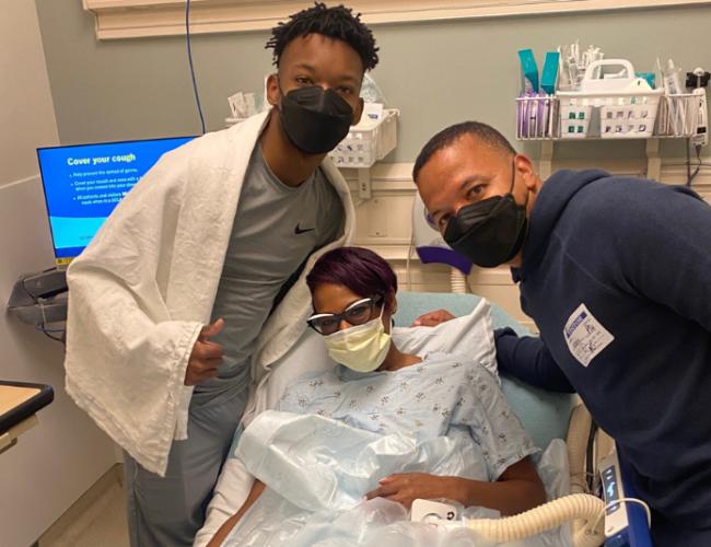 A photo of the Smith family in the hospital. Jaren Smith, left, received a life-saving kidney from his mother, Shryra, center. Jaren's dad, Howard, right, accompanied them on the journey.