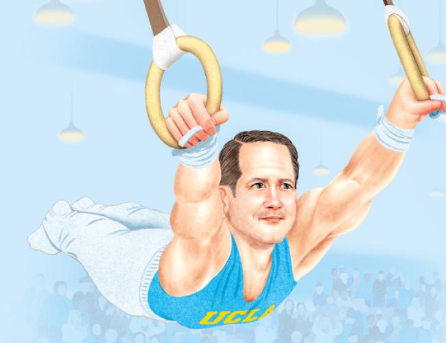 An illustration of Robert Prins on gymnastic still rings.