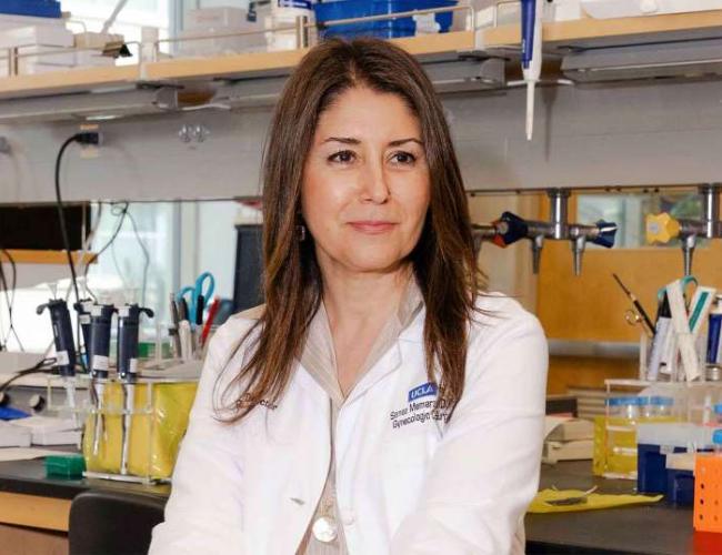 Dr. Sanaz Memarzadeh in white lab coat standing in research laboratory with equipment and supplies visible in background.