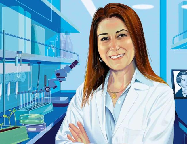 An illustration of Dr. Sanaz Memarzadeh in the lab.