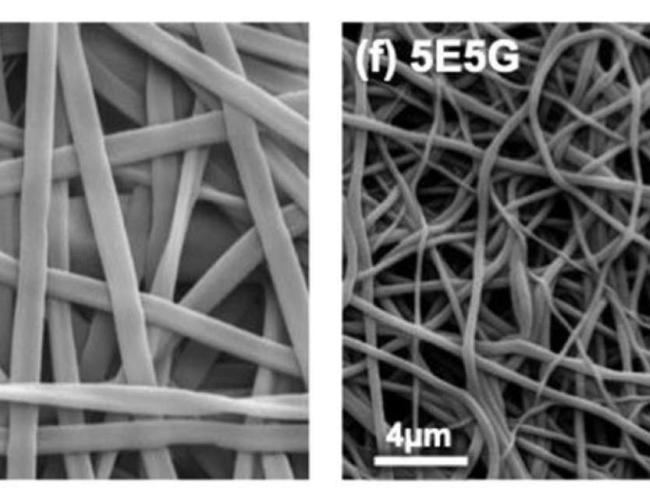 Scanning electron microscopy (SEM) images of electrospun nanofibers showing a fibrous mat structure at two different magnifications, with the right panel labeled 5E5G and including a 4 micrometer scale bar.