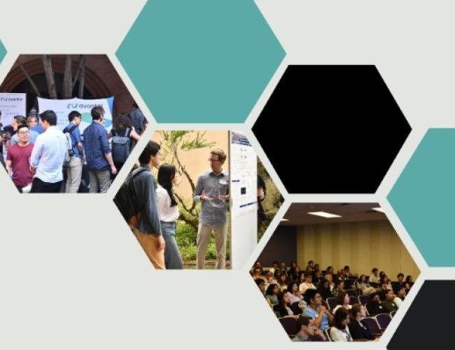 Several hexagons form an abstract flyer - some are solid blue and black, while others contain photographs of participants at a science event talking, looking at posters, and listening to a presentation.