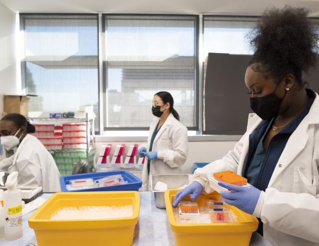 Three masked researchers in labcoats work at various stations in a UCLA lab. 