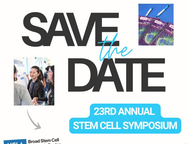 A promotional "Save the Date" graphic for the 2027 Annual Stem Cell Symposium. Two event photos appear alongside a calendar with the date encircled. 