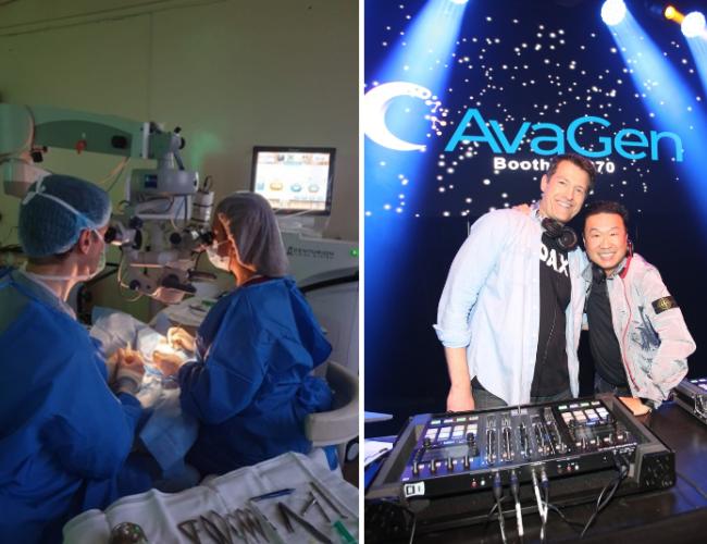 Two-panel image showing an eye surgery team using an operating microscope in a clinical setting on the left, and two DJs smiling behind a mixing console under blue and orange stage lights at an AvaGen booth on the right.