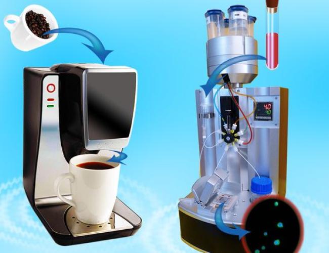 A graphic image of a coffee machine next to a laboratory machine, meant to illustrate the way both are able to maintain temperature of the substances therein. 