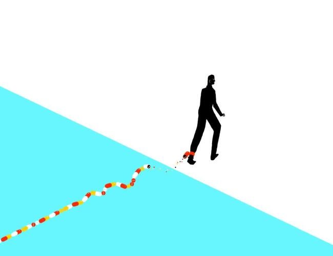 A graphic illustration of a transplant recipient being tethered to immunosuppressive drugs.