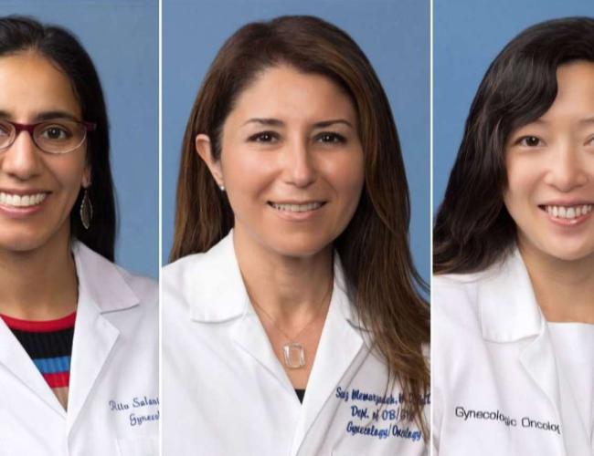 Three gynecologic oncologists at the UCLA Health Jonsson Comprehensive Cancer Center (JCCC) wearing white coats 