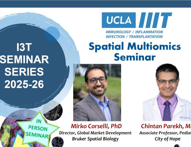 A flyer showcasing a Spatial Multiomics Seminar hosted at UCLA featuring scientists Mirko Corselli and Chintan Parekh.
