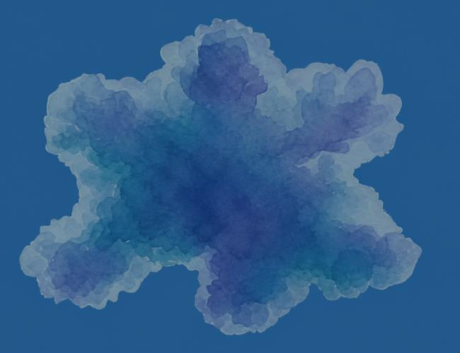 An artistic rendering of a 6-pointed star meant to convey an organoid. The artistic style emulates watercolor, and uses various shades of purple and blue.