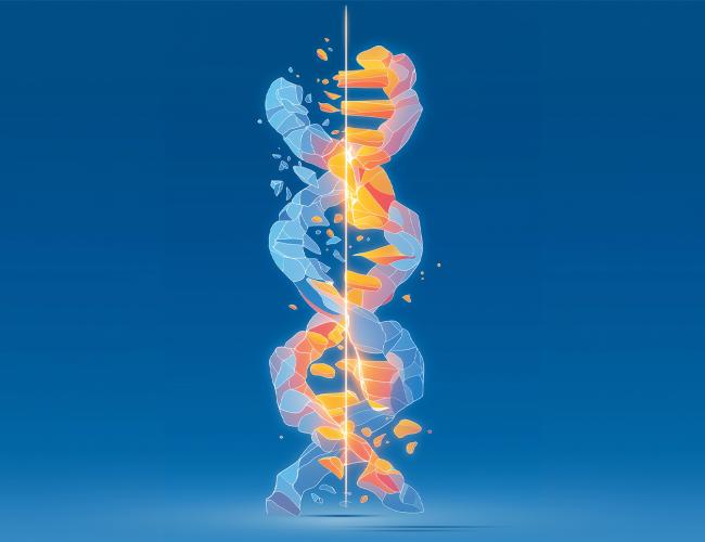 Stylized DNA strand splitting with a glowing laser, representing gene editing and regenerative medicine