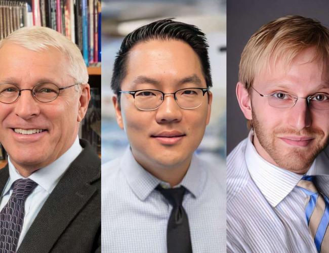 A three-photo collage featuring the professional headshots of UCLA scientists: from right to left Owen Witte, John K. Lee and Dino Di Carlo.