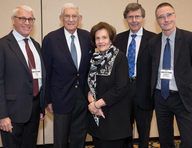 The three Broad Stem Cell Research Center directors thank Eli & Edythe Broad for their visionary philanthropy. From left: Owen Witte, Eli Broad, Edythe Broad, Arnold Kriegstein and Andy McMahon