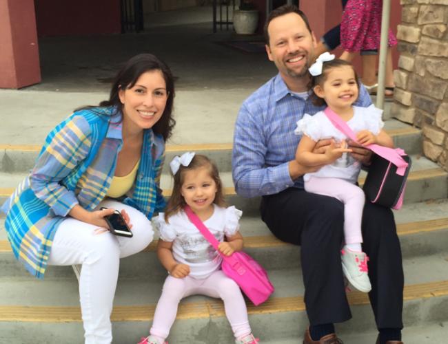Evangelina Vaccaro (far right), who received Dr. Kohn’s treatment for bubble baby disease in 2012, with her family before her first day of school.