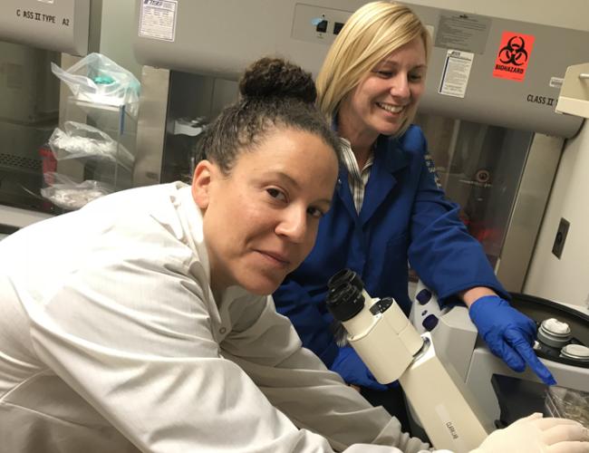 Dr. Joanna Gell (left) and Amander Clark examine germ cell tumor cells in the lab at UCLA.