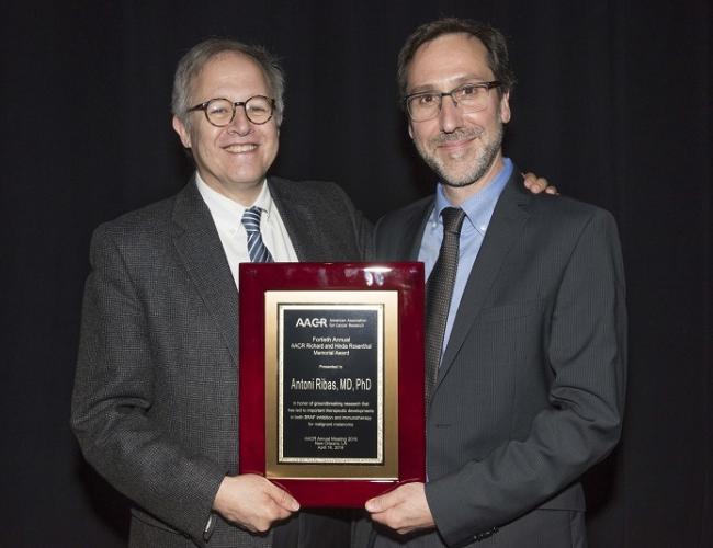 Dr. Ethan Dmitrovsky (left) congratulates Ribas on receiving the award. Dmitrovsky, provost and executive vice president at The University of Texas MD Anderson Cancer Center, was a member of the award selection committee.