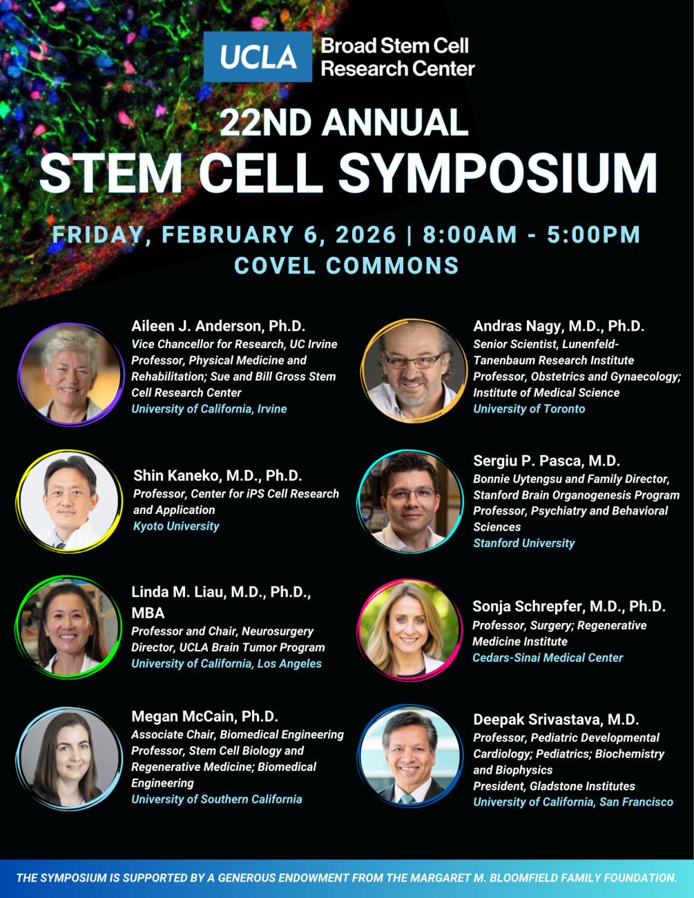 a stem cell symposium flyer showing eight speakers' headshots along with their titles