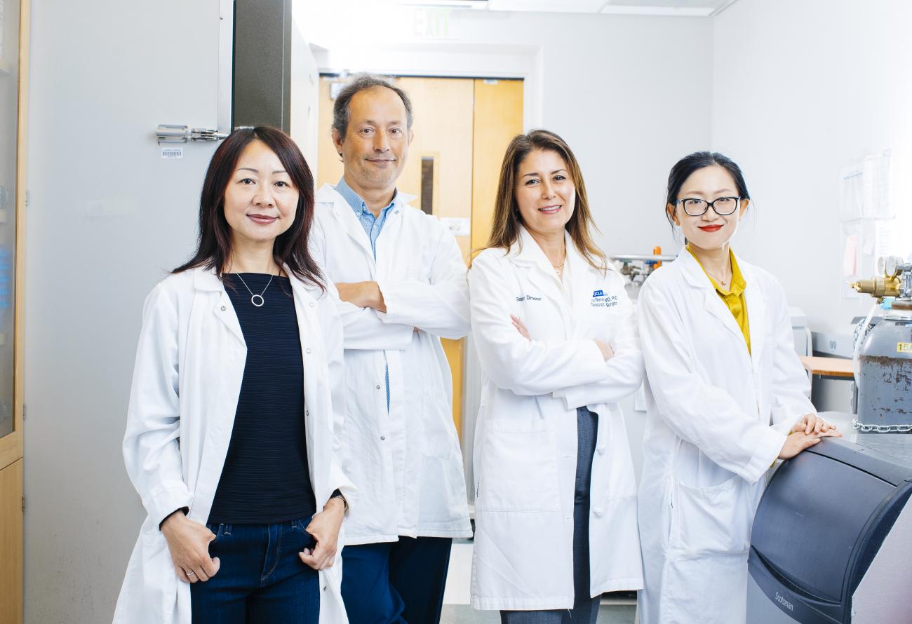 Dr. Lili Yang, Dr. Matteo Pellegrini, Dr. Sanaz Memarzadeh and Dr. Jin Zhou smile beside one another in a UCLA lab.