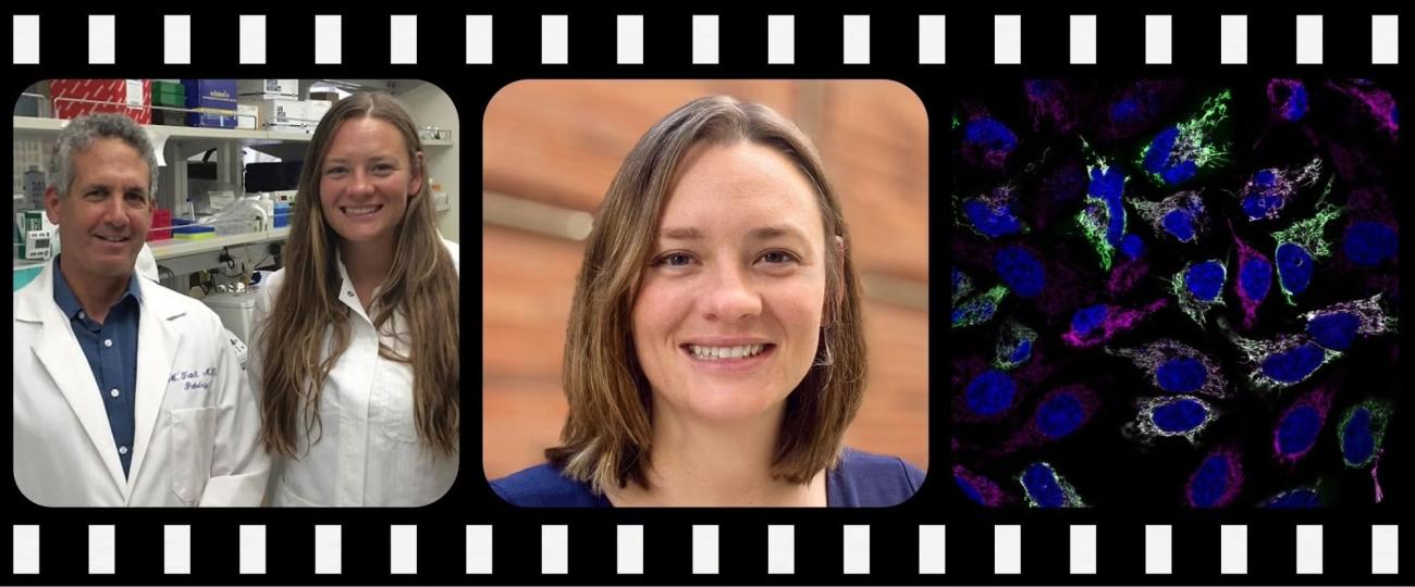 Dr. Tara TeSlaa with a lab colleague in white coats in a research laboratory, in a professional portrait, and a fluorescence microscopy image of epithelial cells with blue nuclei and green and magenta cellular structures.