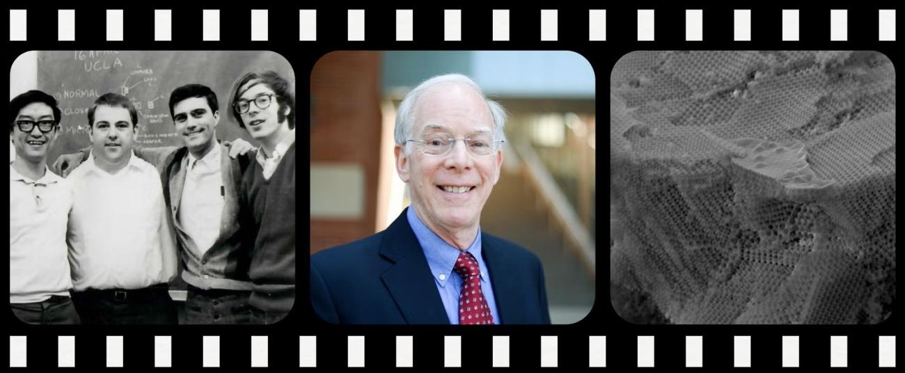 Dr. Bruce Dunn in a vintage black-and-white photo with UCLA colleagues in front of a chalkboard, in a professional portrait wearing a suit and tie, and an electron microscopy image of a silica scaffold material.
