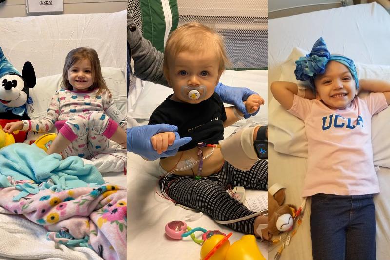 Ava, Landon and Olivia Langenhop in the hospital for their stem cell transplants in 2020.
