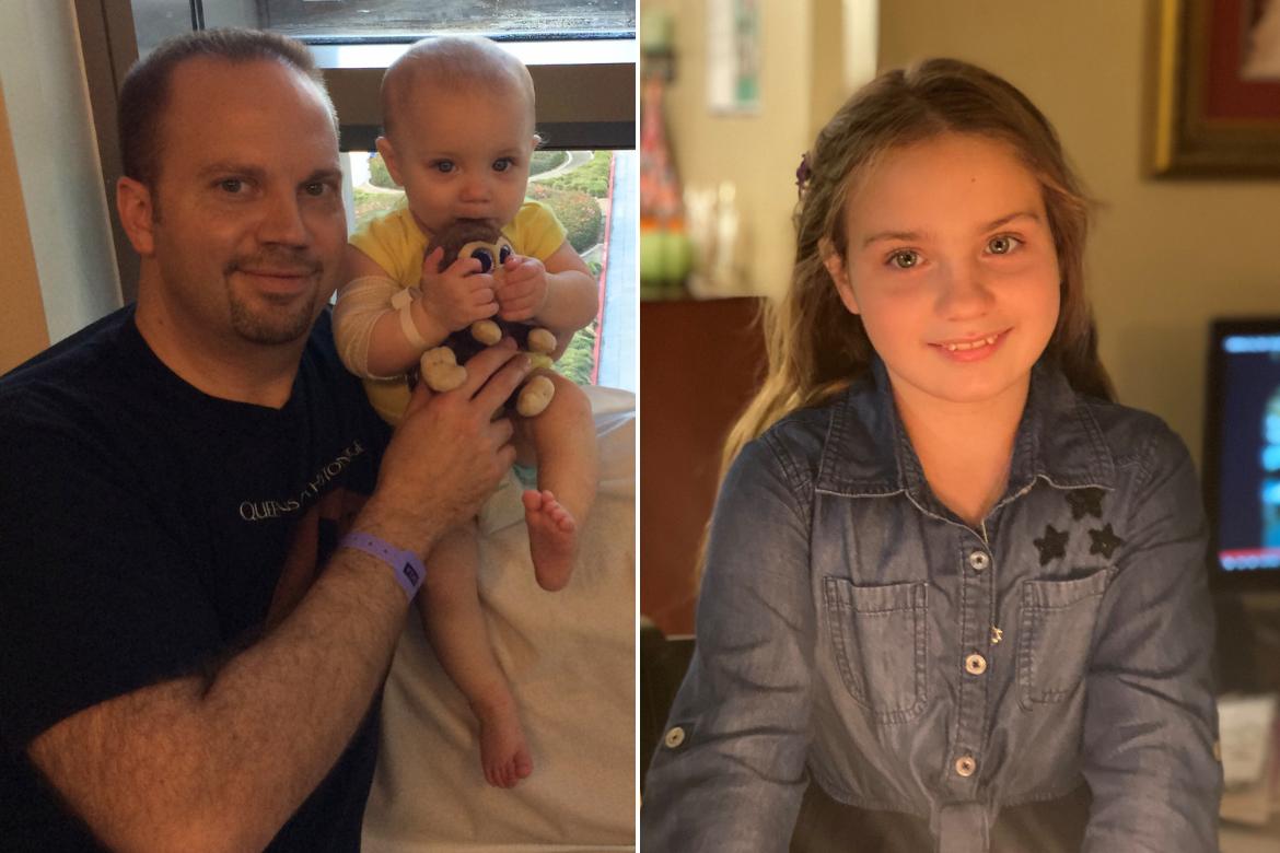 Left: a father holds his baby girl in the hospital Right: an 11-year-old girl smiles