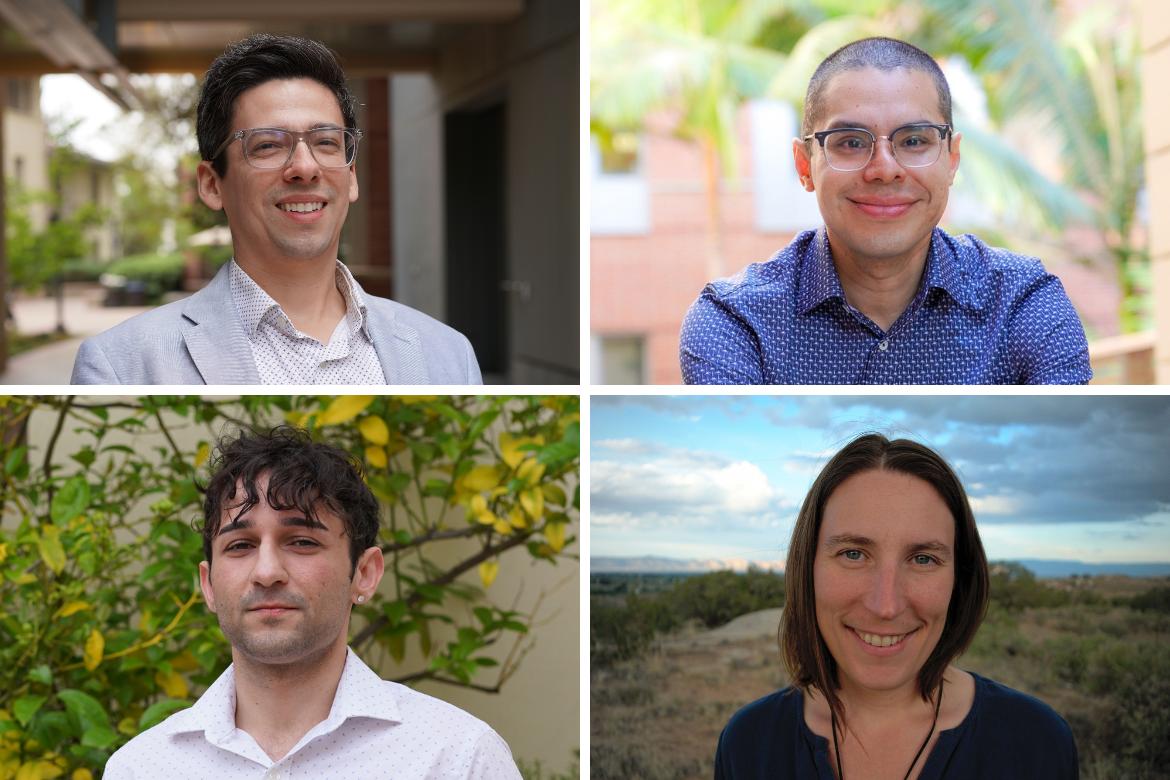 Four-panel headshot collage of UCLA researchers (clockwise from top left): Michael F. Wells, Harold Pimentel, Chloe Hanson and Timothy Derebenskiy.