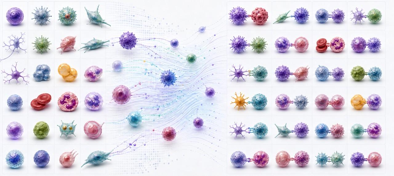 Abstract illustration of colorful cells arranged in grids with flowing lines, representing cell interactions and spatial multiomics analysis.