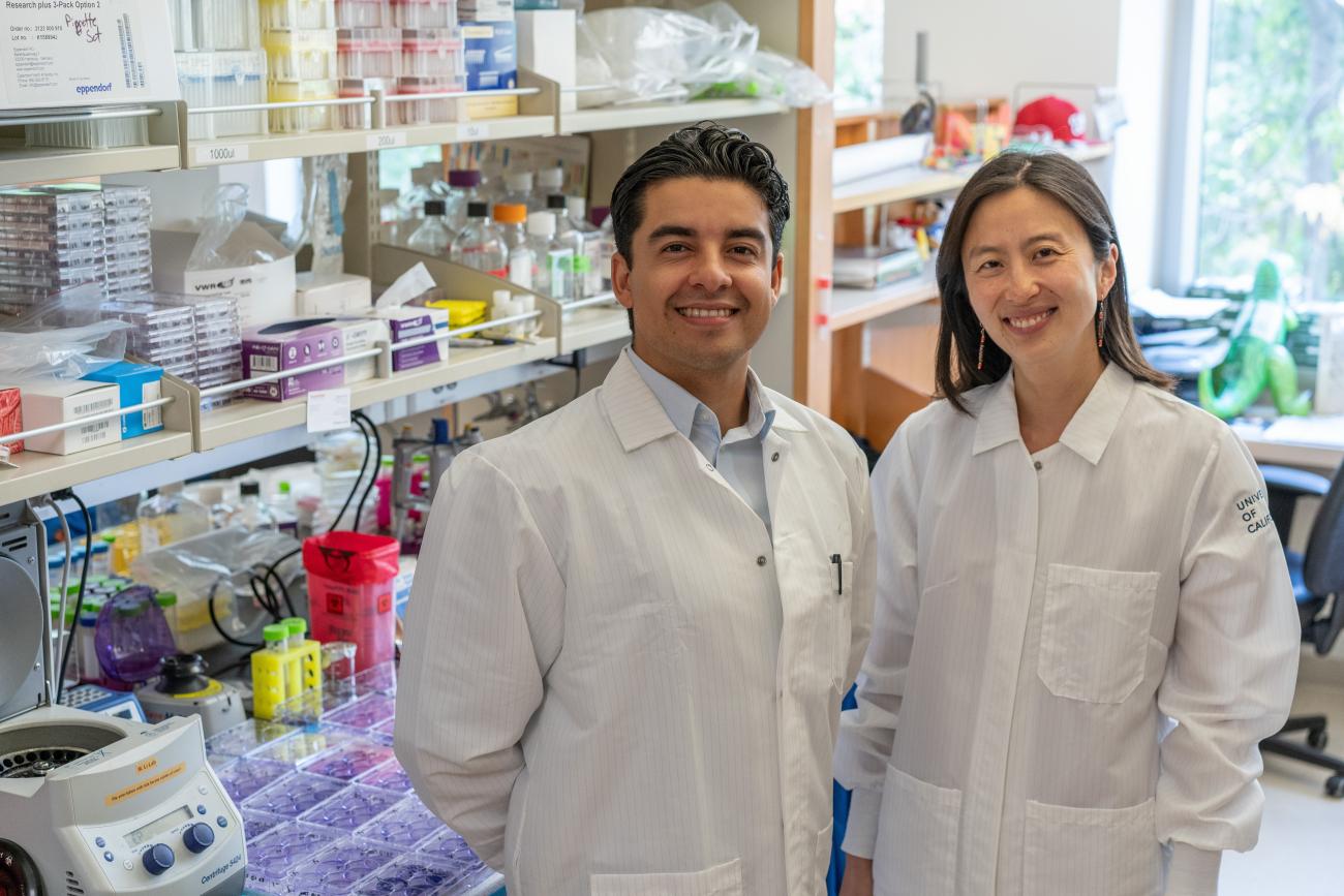 UCLA scientists Pablo Alvarez and Melody Li stand together at a lab bench