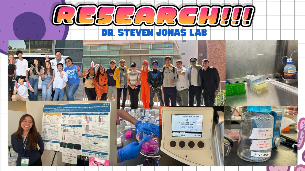 Slide titled "RESEARCH!!! Dr. Steven Jonas Lab" with a photo collage showing lab members at a group event, in Halloween costumes, doing pipetting and lab work, standing beside a research poster on lipid nanoparticle formulations, and posing with lab equipment.