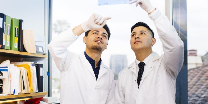 Two UCLA researchers study a document.