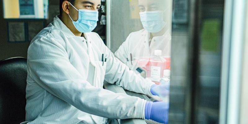 A masked UCLA researcher sitting in front of hooded lab equipment and pipetting 