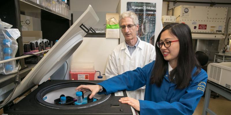 Ken Dorshkind stands alongside a trainee at work in a UCLA lab.