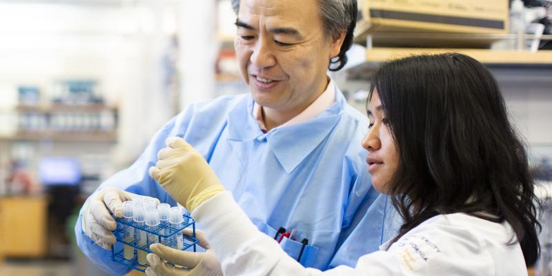 Two people in a lab looking at test tubes