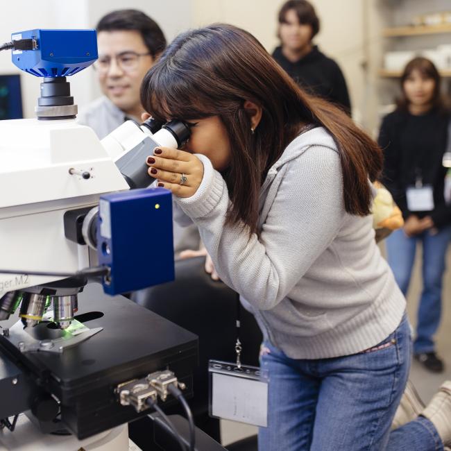 A high school student from East Los Angeles Renaissance Academy looks at neural cells under a high-resolution microscope