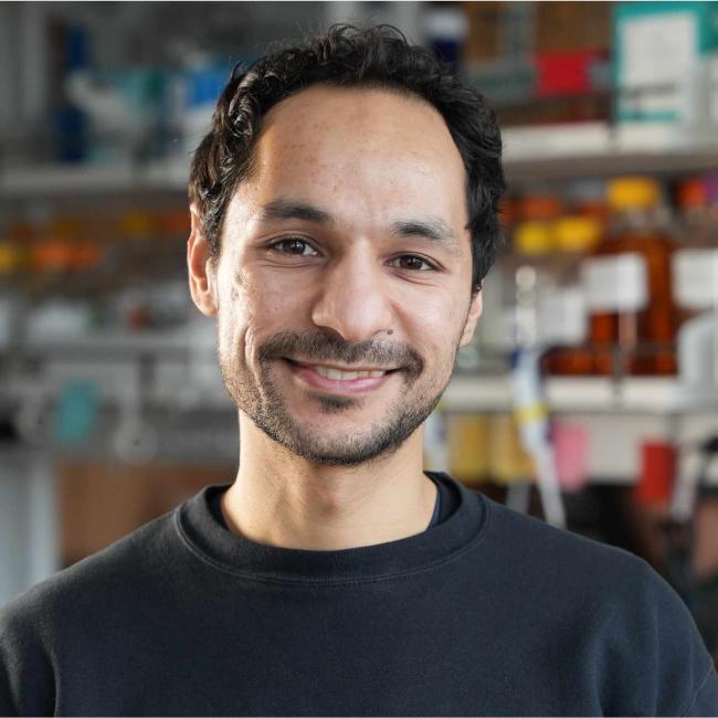 UCLA scientist Mohamad Abedi smiles in a lab. He wears a grey crewneck sweater.
