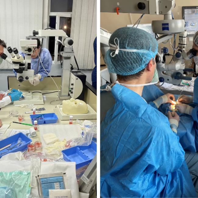 Two side-by-side images of a skill transfer session hosted by Dr. Anthony Aldave in Yerevan Armenia. Two-panel photo showing clinicians in ophthalmology training settings, with the left image showing participants gathered around microscopes and surgical tools in a lab, and the right image showing two clinicians in surgical gowns using an operating microscope during an eye procedure.