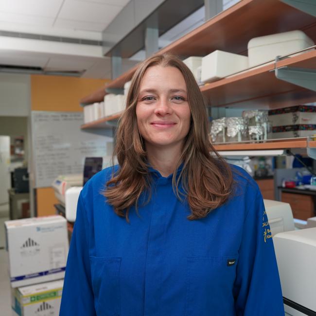 UCLA scientist Tara TeSlaa smiles in her lab.