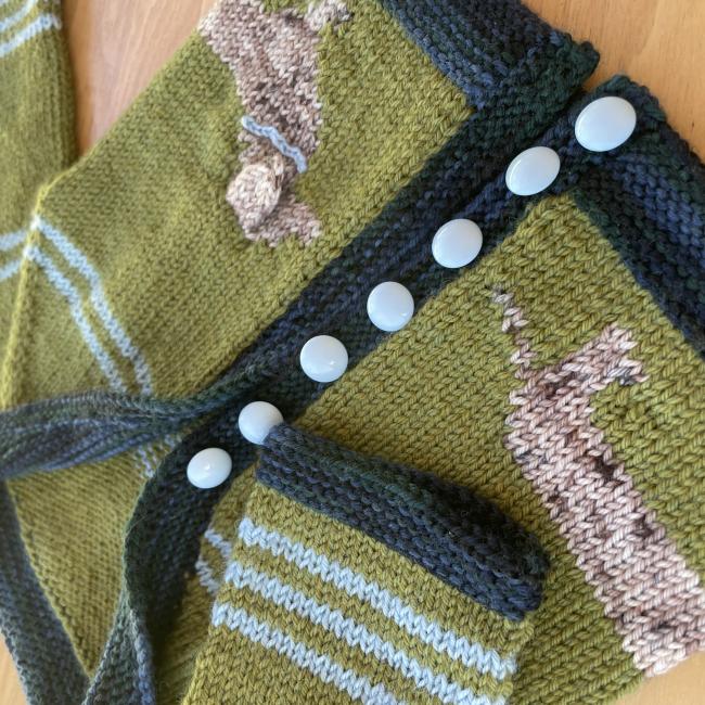 knit sweater in green and grey, with dog