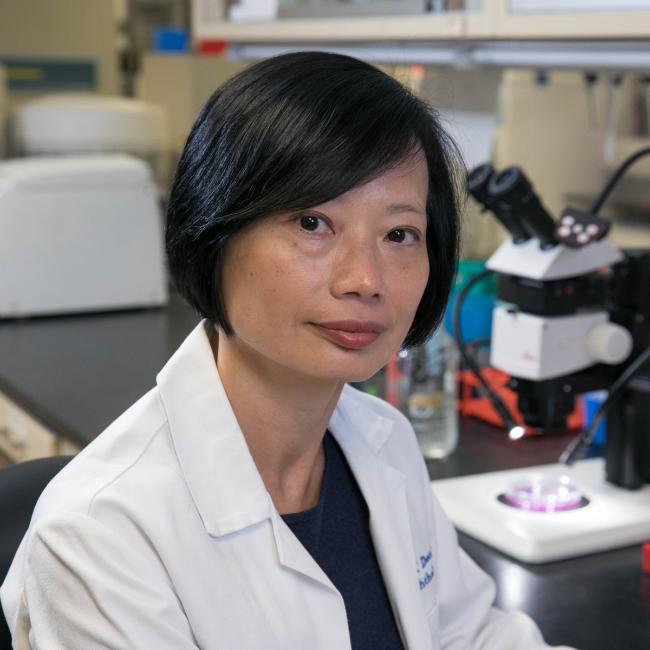 A researcher in a lab coat smiles in a UCLA lab